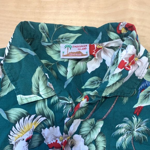 Evergreen Island Hawaiian Shirt Size L Men’s Button Up Green Cockatoos & Flowers - Picture 4 of 7